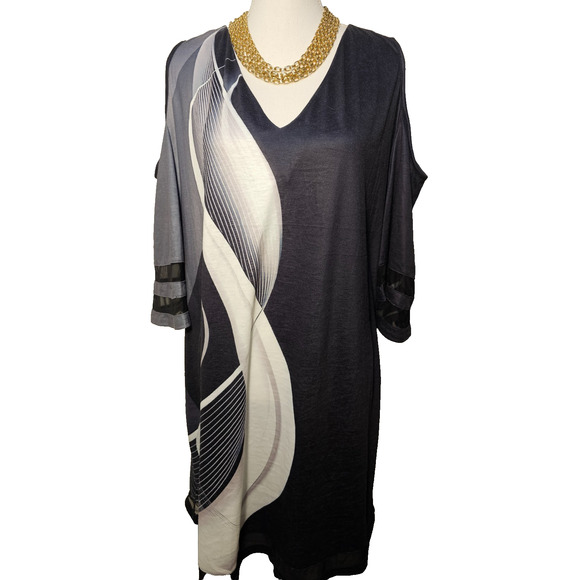 Chic Me Womens Black Geo Print Cold Shoulder Wide Sleeve Shift Tunic Dress XXL - Picture 1 of 6